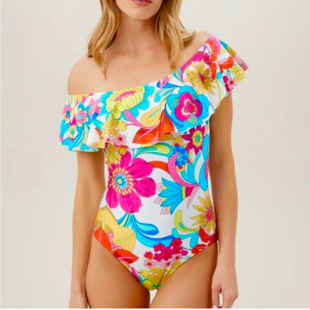 TRINA TURK FONTAINE OFF THE SHOULDER RUFFLE ONE PIECE SWIMSUIT
SIZE 6 -NWT - Picture 2 of 7